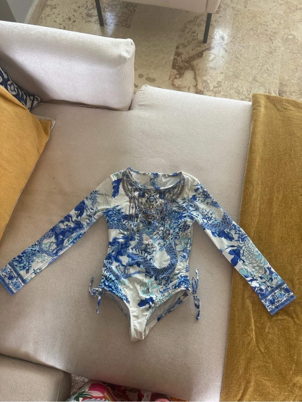 Camilla Girls Blue & White Long-Sleeve One-Piece Swimsuit with Side Ties